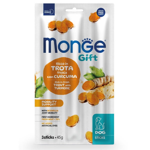 Monge Snack Dog Sticks Adult Mobility Support Ricco In Trota Fresca Con Curcuma 45g-1