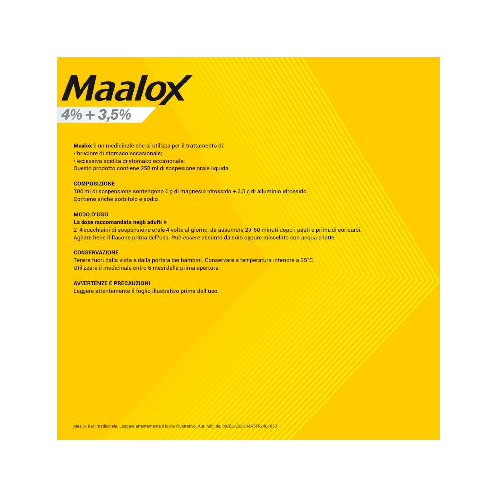 Maalox 400+400 Sospensione Orale Contro Acidità di Stomaco Occasionale 250 ml-8