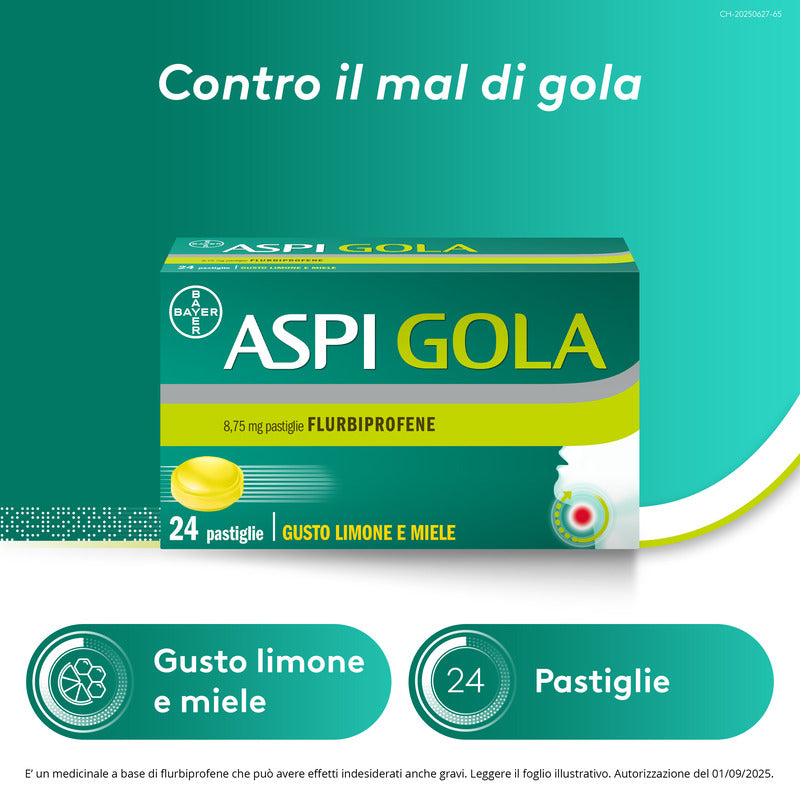 Aspi Gola Caramelle Antinfiammatorio per Gola Infiammata e Mal di gola 24 pastiglie Limone Miele