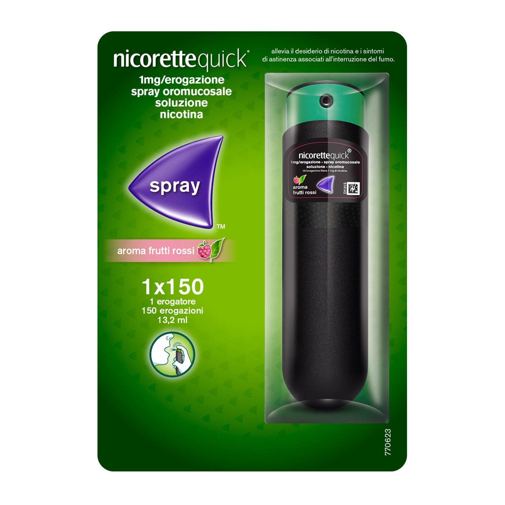 NicoretteQuick Spray* 1 Flaconcino 150 Dosi Soluzione Oromucosale 1mg/Erogazione Frutti Rossi-2