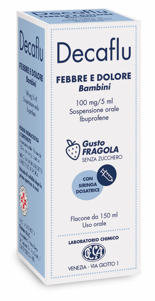 Decaflu Febbre Dolore Bambini 100 Mg/5 ml Sospensione Orale Gusto Fragola Senza Zucchero 1 Flacone in Pet 150 ml con Siringa Dosatrice in pe-0