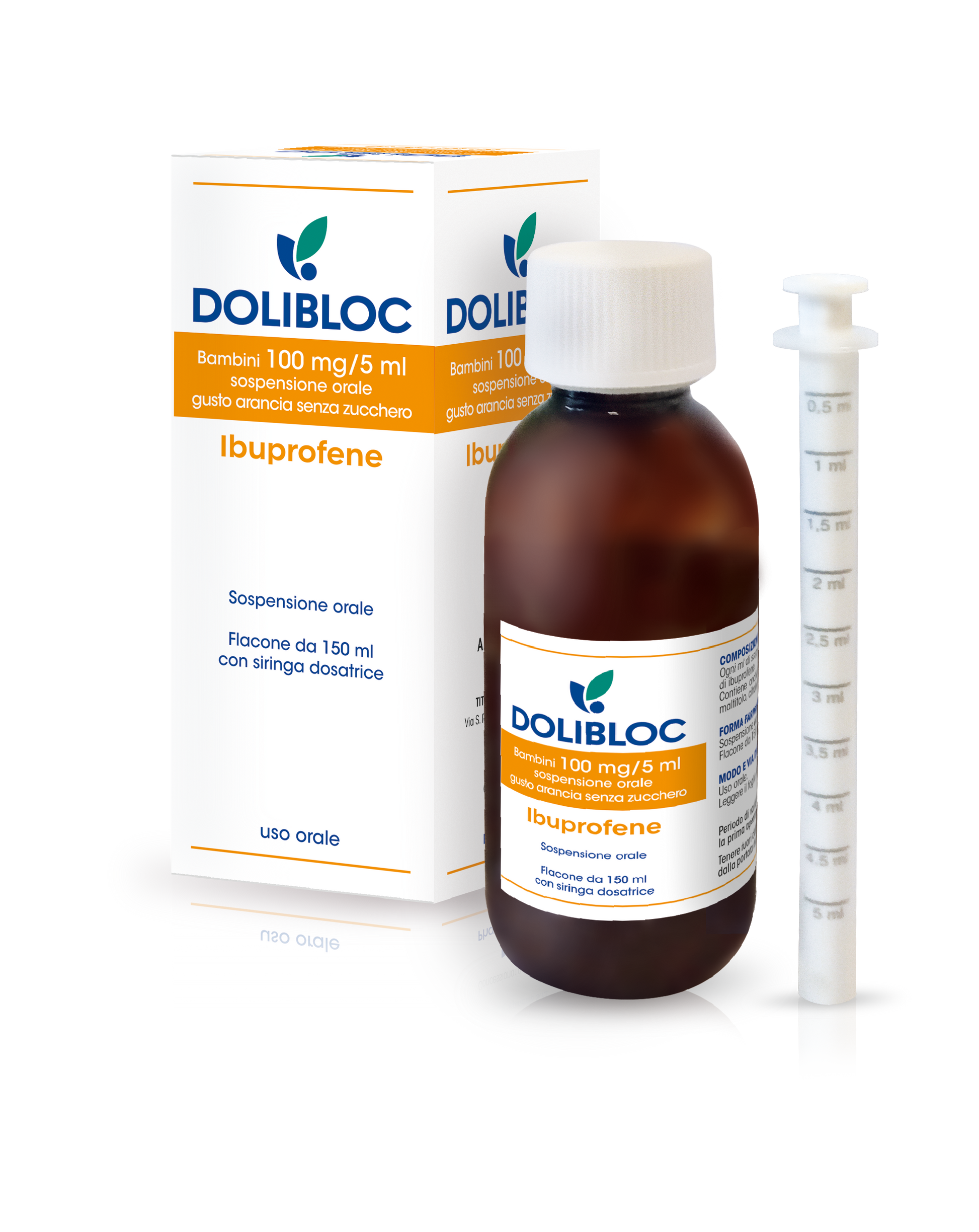 Dolibloc Bambini 100 Mg/5ml Sospensione Orale Gusto Arancia Senza Zucchero 1 Flacone in Pet 150ml con Siringa Dosatrice in pe-0