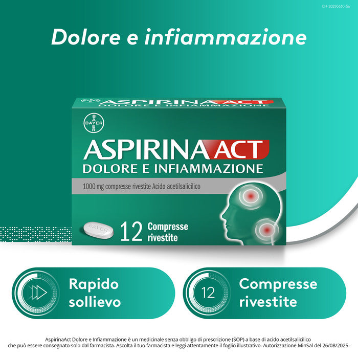 AspirinaAct Dolore e Infiammazione Antidolorifico Antinfiammatorio per Mal di Testa e Dolori 12 Cpr