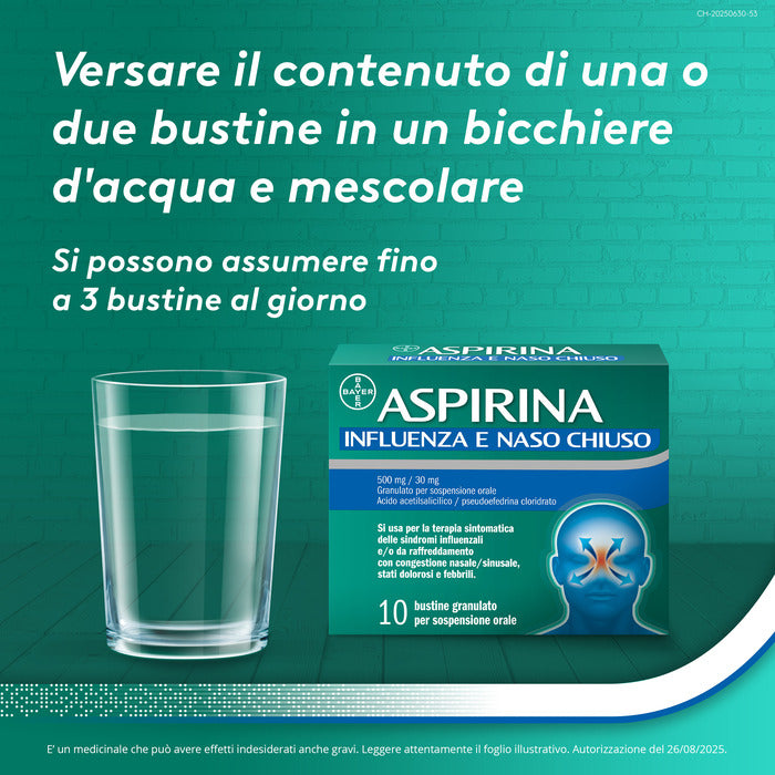 Aspirina Influenza e Naso Chiuso Antidolorifico Decongestionante contro Sintomi Influenzali 10 Buste
