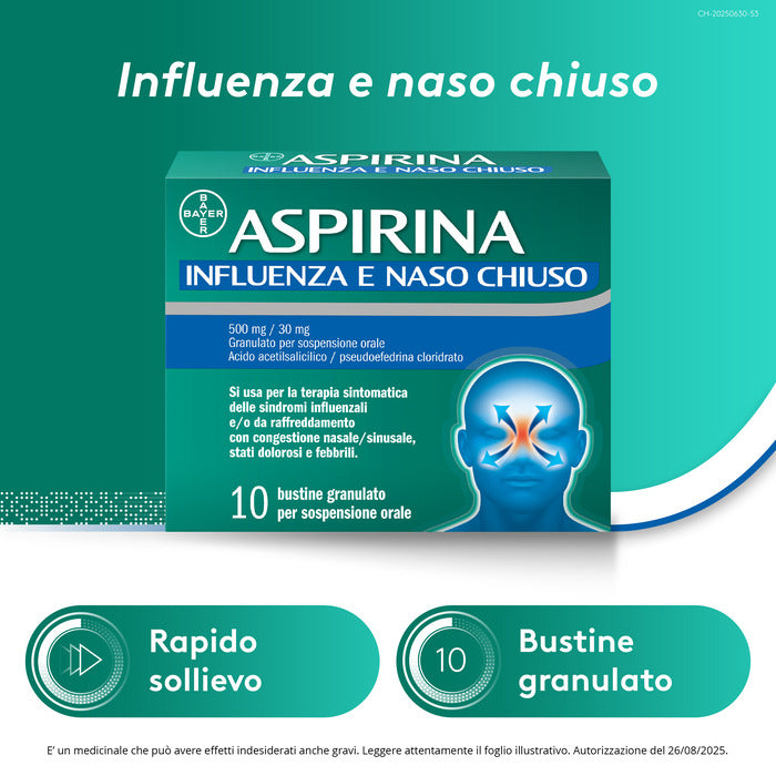 Aspirina Influenza e Naso Chiuso Antidolorifico Decongestionante contro Sintomi Influenzali 10 Buste