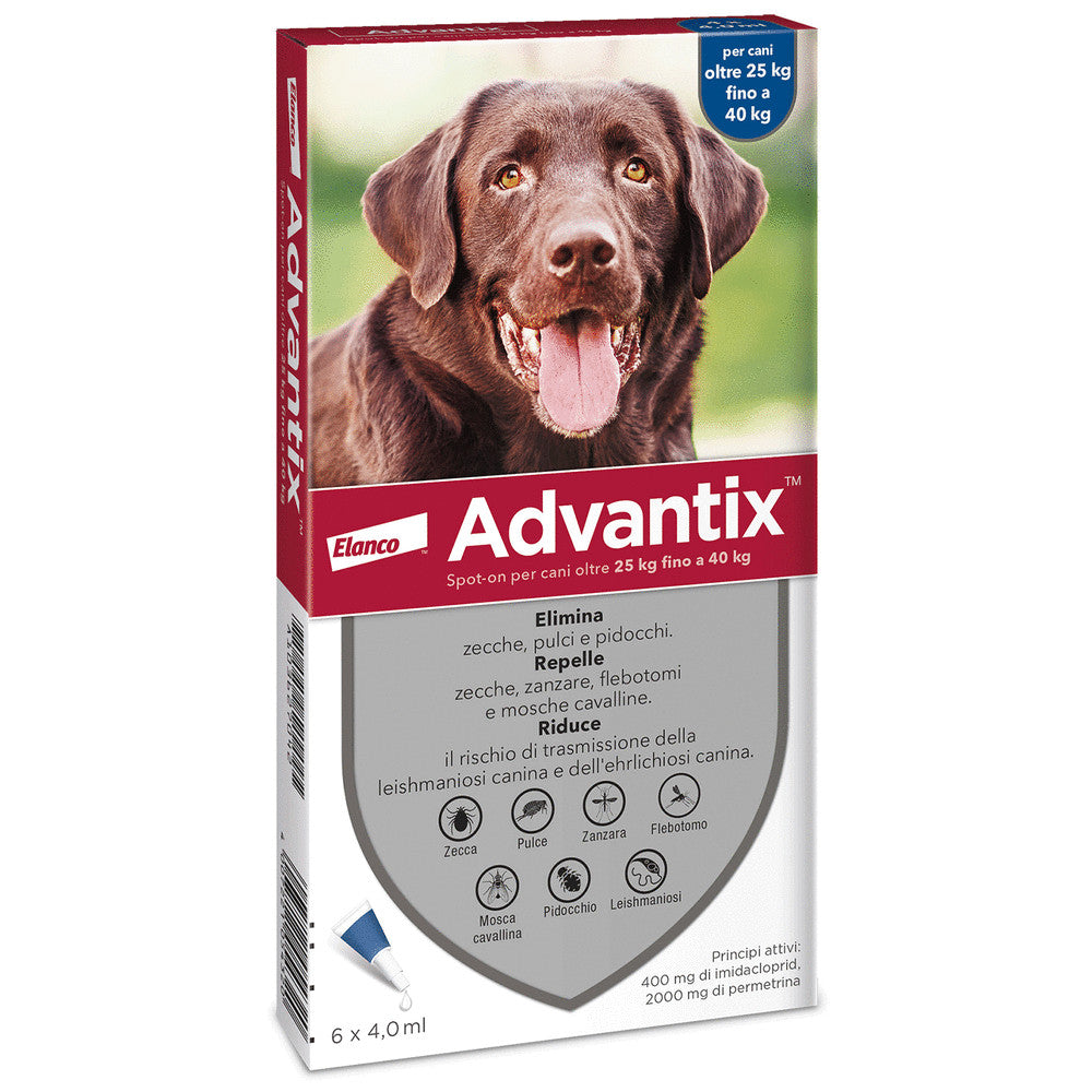 Advantix Spot On Per Cani da 25 a 40 Kg Soluzione 6 Pipette da 4,0 ml