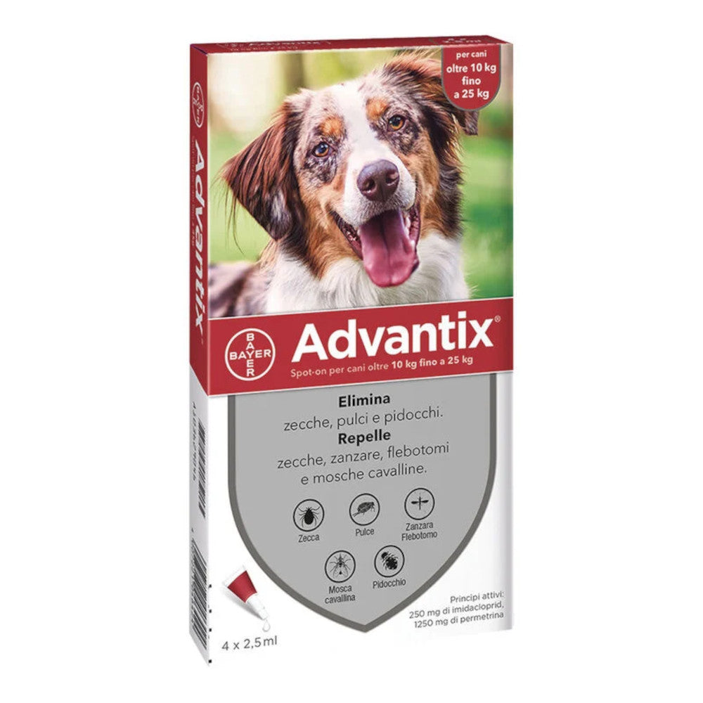Advantix Spot On Per Cani da 10 A 25 Kg Soluzione 4 Pipette da 2,5ml