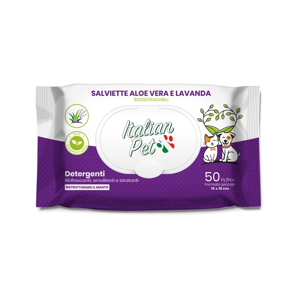 Italian Pet Salviettine Biodegradabili Aloe Vera/Lavanda Per Cani/Gatti 15x19cm 50 Pezzi-0