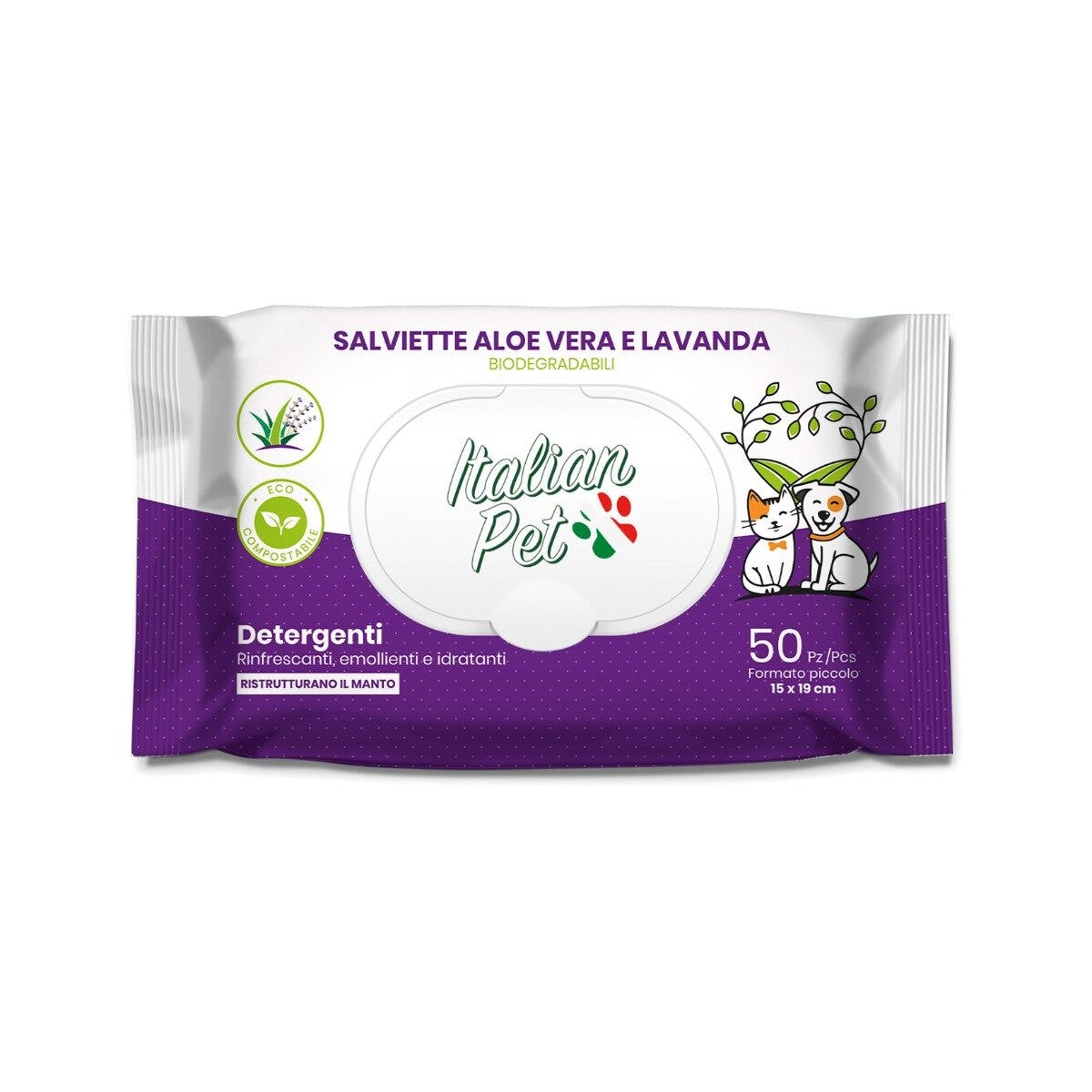 Italian Pet Salviettine Biodegradabili Aloe Vera/Lavanda Per Cani/Gatti 15x19cm 50 Pezzi-1