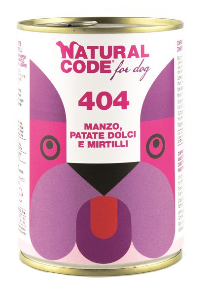 Natural Code 404 Cibo Umido Con Manzo/Patate Dolci/Mirtilli Per Cani Adulti Barattolo 400g-1