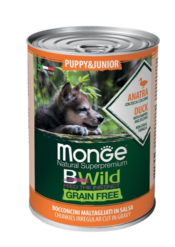 Monge B Wild Grain Free All Breeds Con Anatra Zucca Zucchine Cibo Umido Cani Cuccioli Lattina 400g-1