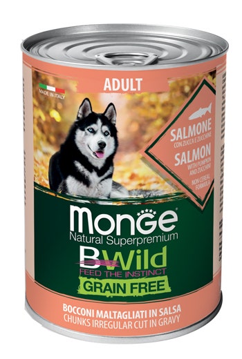 Monge B Wild Grain Free All Breeds Con Salmone Zucca Zucchine Cibo Umido Cani Adulti 400g-1