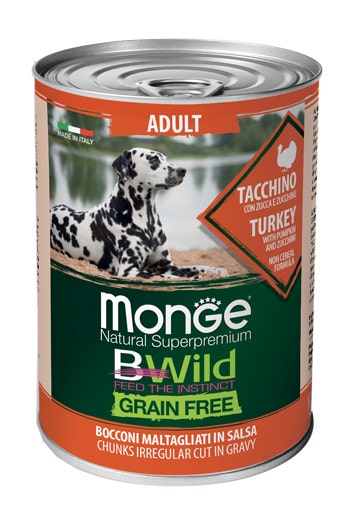 Monge B Wild Grain Free All Breeds Con Tacchino Zucca Zucchine Cibo Umido Cani Adulti 400g-1
