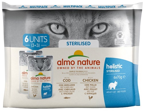 Almo Nature Sterilised  Cibo Umido Con Merluzzo E Pollo Per Gatti Adulti 6x70g-1