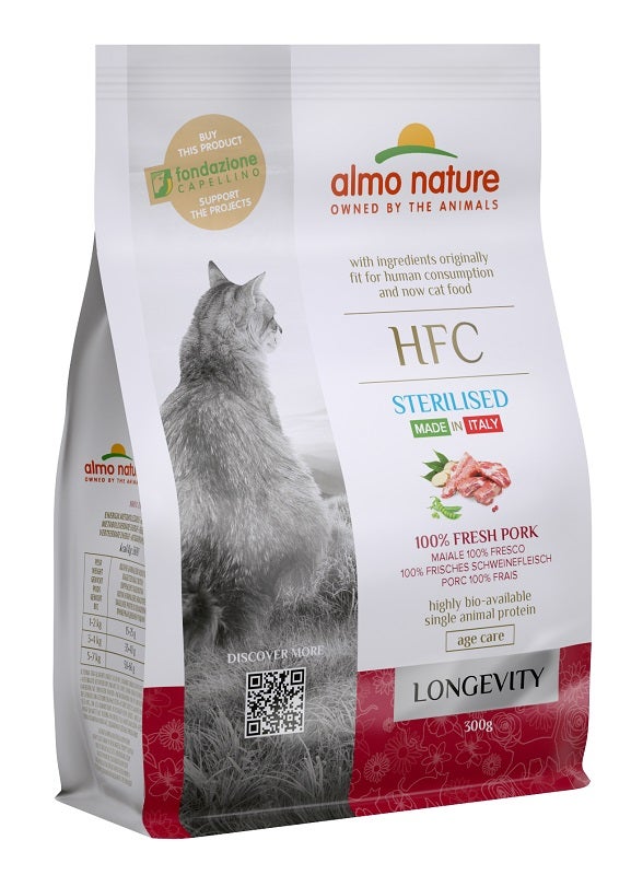 Almo Nature HFC Longevity Cibo Secco Maiale Per Gatti Adulti Sterilizzati Sacco 300g-1