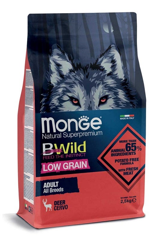 Monge B Wild Low Grain All Breeds con Cervo Cibo Secco Per Cani Adulti Sacco 2,5 Kg-1