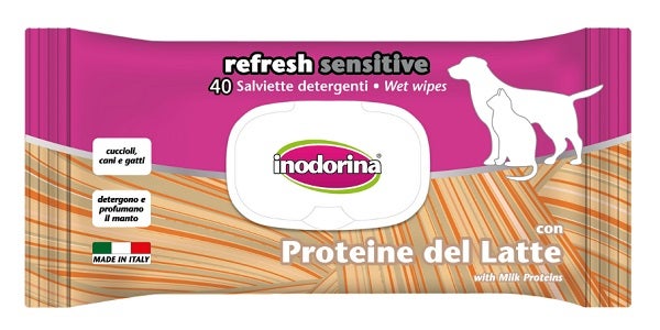 Inodorina Refresh Sensitive Salviette Detergenti Con Proteine Del Latte Per Cani/Gatti 40 Salviette-1