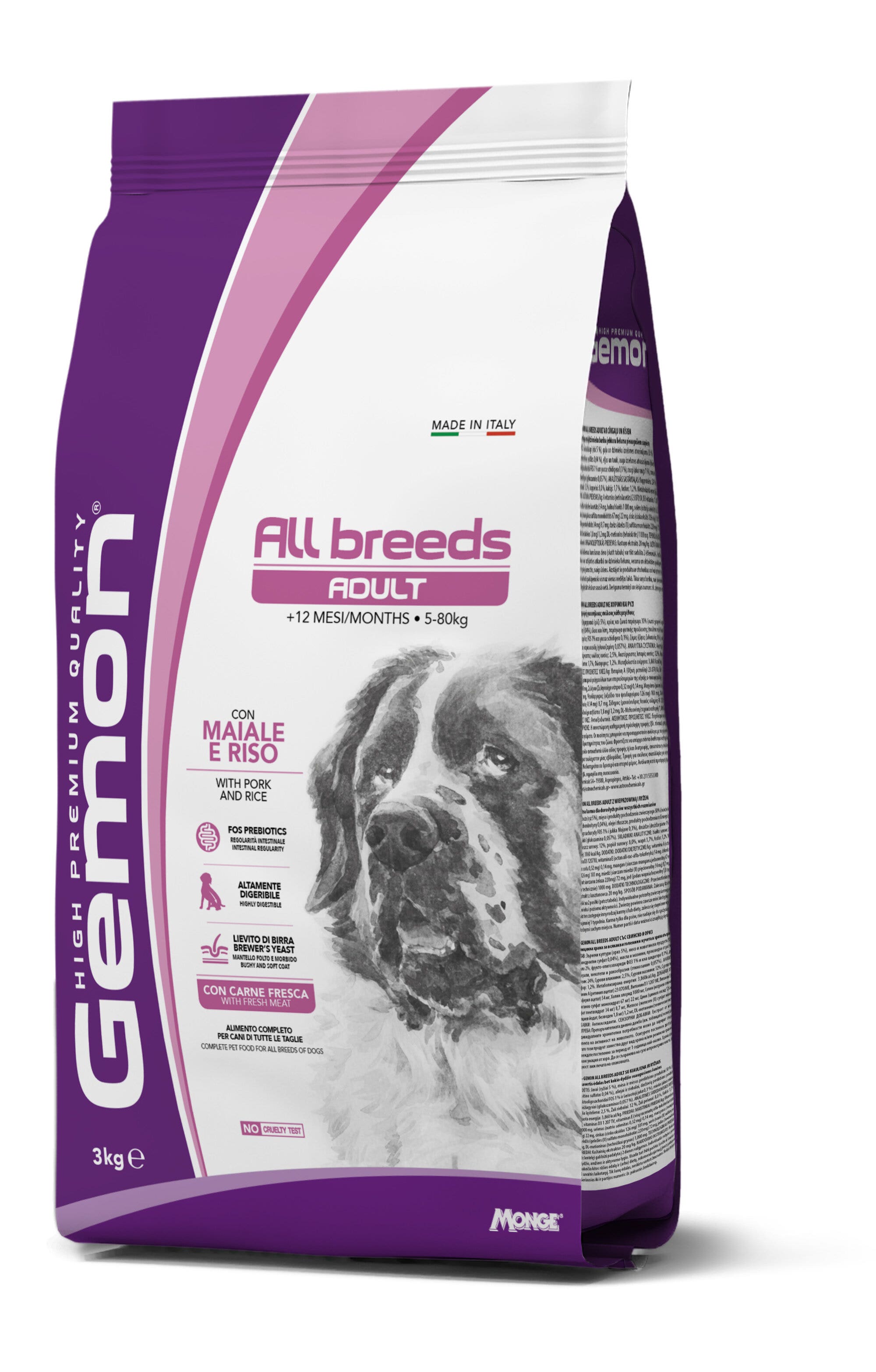 Gemon All Breeds Adult Maiale e Riso Cibo Secco Per Cani Adulti Sacco 3 Kg-3