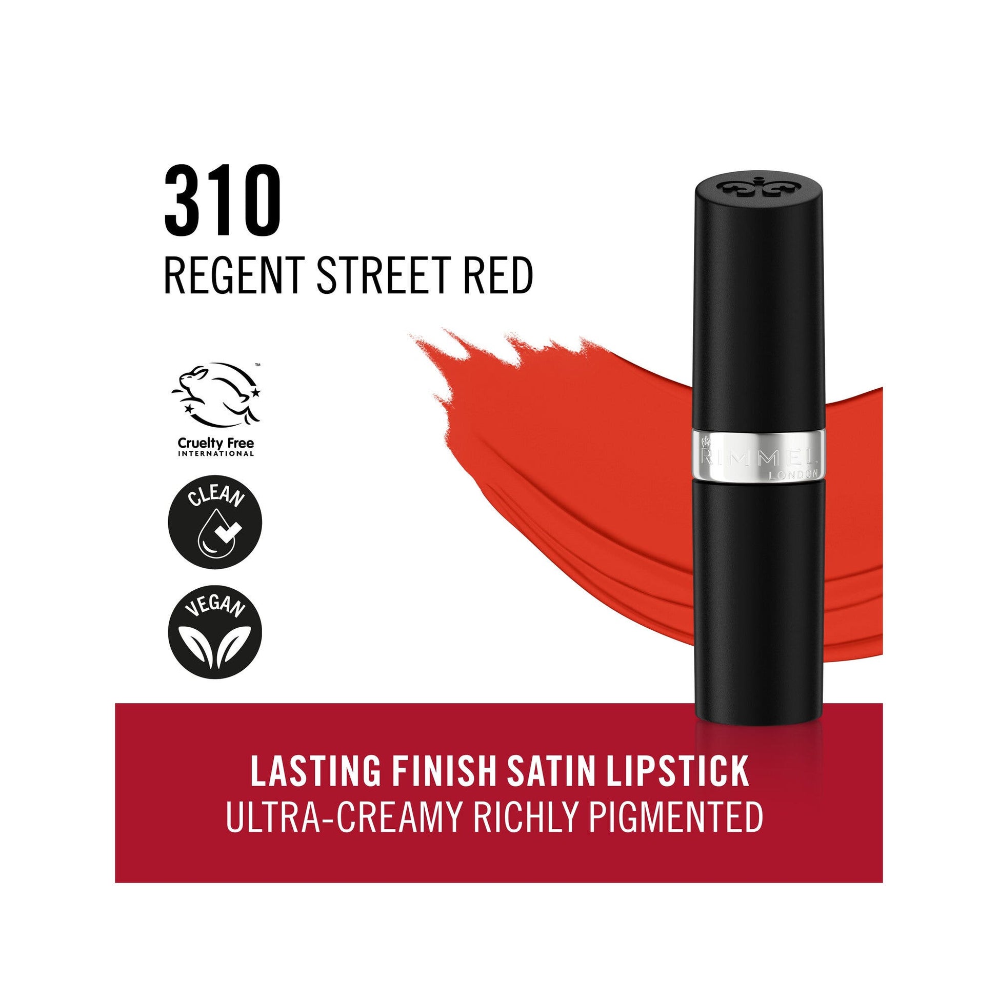 Rimmel Lasting Finish Rossetto Satinato Idratante Formula Vegana 4g 310 Regent Street Red-3