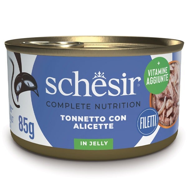 Schesir Tonnetto Con Alicette In Gelatina Cibo Umido Gatto Adulto Lattina 85 g-1