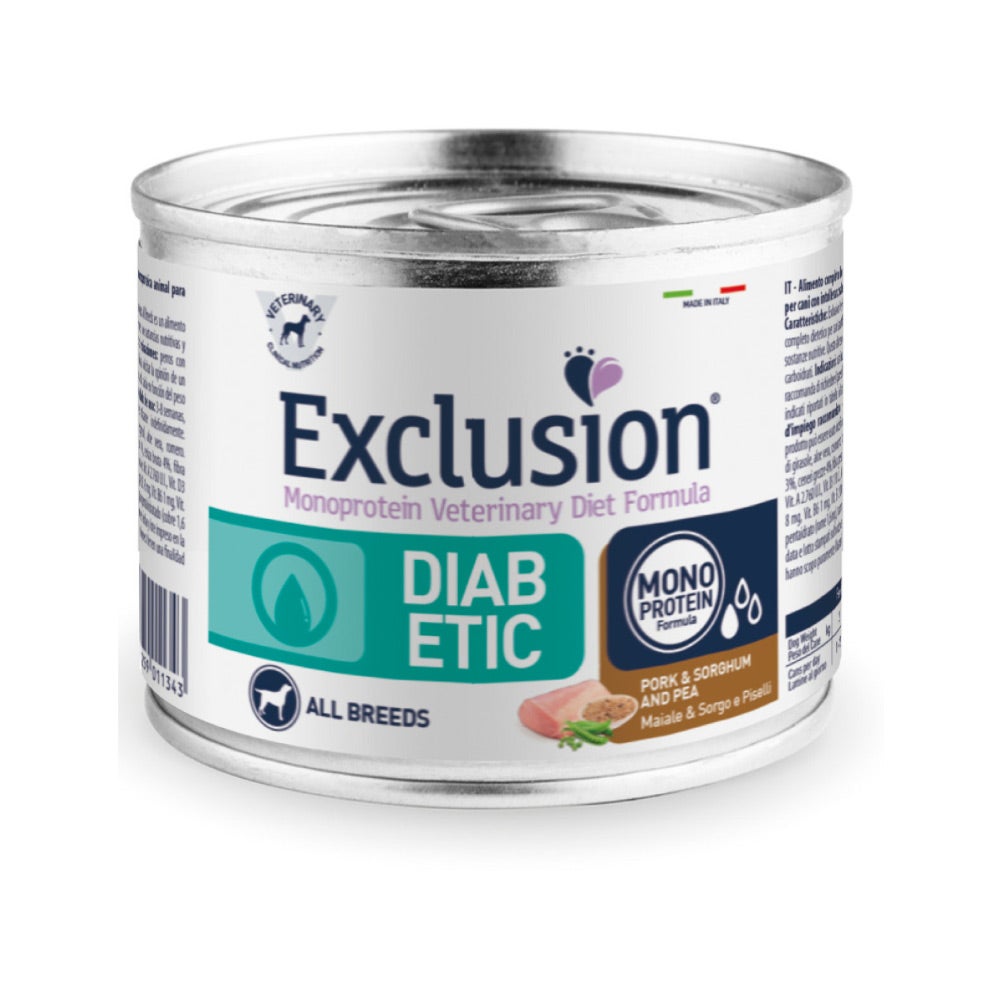 Exclusion Monoprotein Veterinary Diet Formula Diabetic Umido Suino/Sorgo/Piselli Per Cani Adulti 200g-0