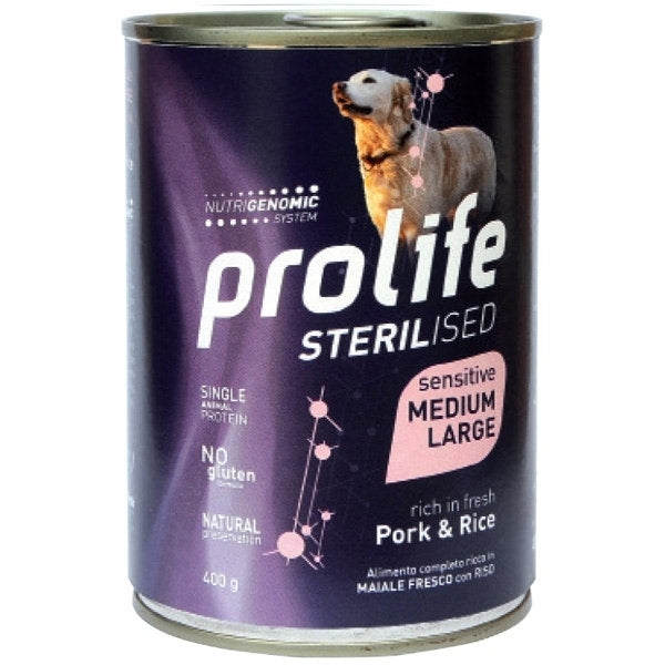 Prolife Sterilised Maiale Fresco Con Riso Cibo Umido Per Cani Adulti Taglia Media/Grande Lattina 400g-1