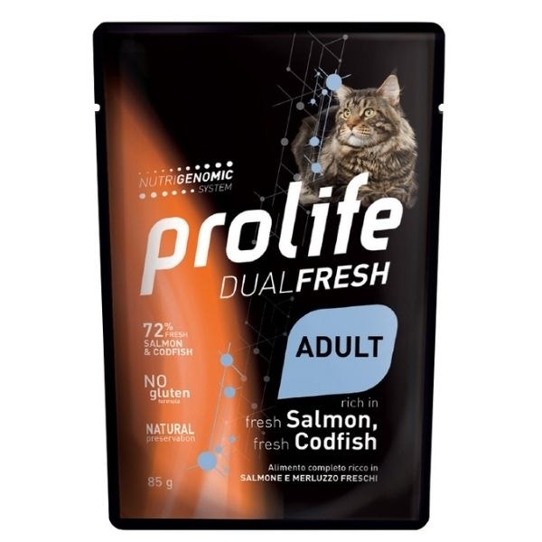 Prolife Dual Fresh Salmone E Merluzzo Freschi Cibo Umido Per Gatti Adulti Bustina 85g-1