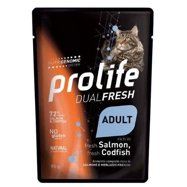 Prolife Dual Fresh Salmone E Merluzzo Freschi Cibo Umido Per Gatti Adulti Bustina 85g-2
