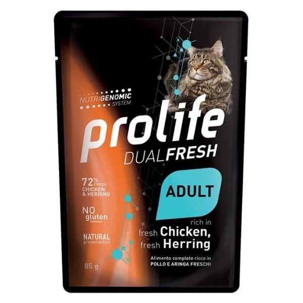 Prolife Dual Fresh Pollo E Aringa Freschi Cibo Umido Per Gatti Adulti Bustina 85g-1