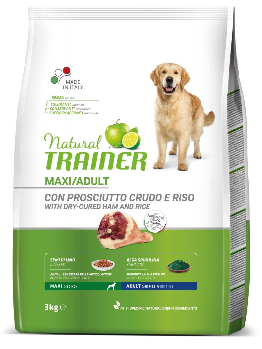 Natural Trainer Crocchette Prosciutto Crudo/Riso Per Cani Adulti Taglia Grande Sacco 3kg-3