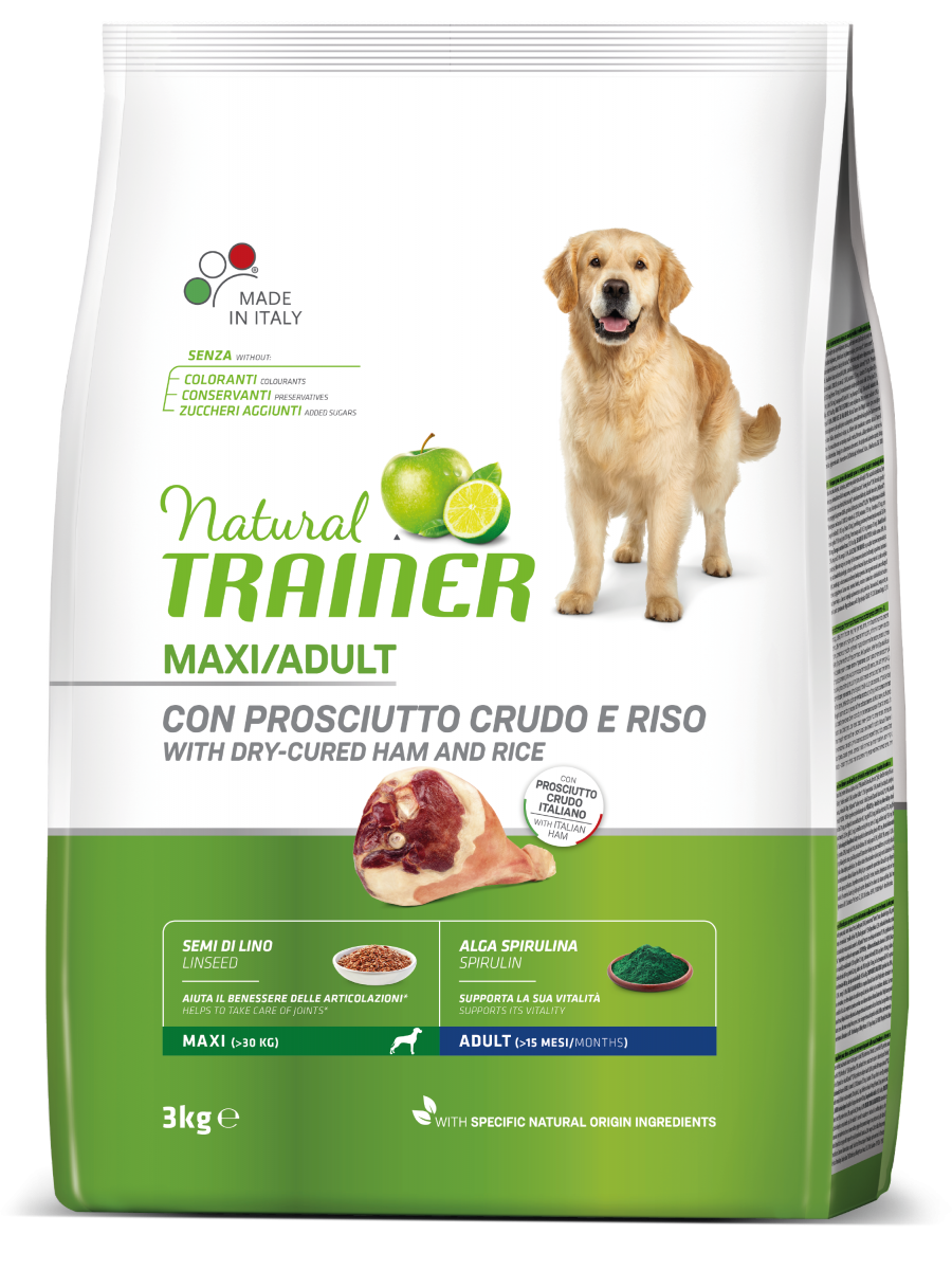 Natural Trainer Crocchette Prosciutto Crudo/Riso Per Cani Adulti Taglia Grande Sacco 3kg-2