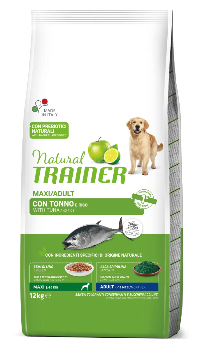 Natural Trainer Crocchette Tonno/Riso Per Cani Adulti Taglia Grande Sacco 12 Kg-0