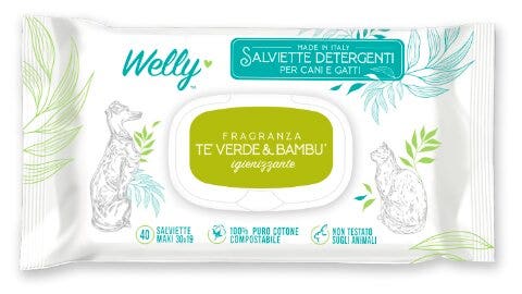 Welly Salviette Detergenti Igienizzanti Tè Verde & Bambù Per Cani E Gatti 40 Pezzi-1