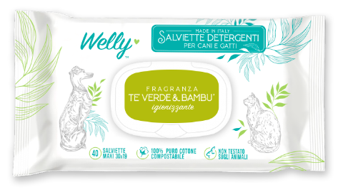 Welly Salviette Detergenti Igienizzanti Tè Verde & Bambù Per Cani E Gatti 40 Pezzi-1