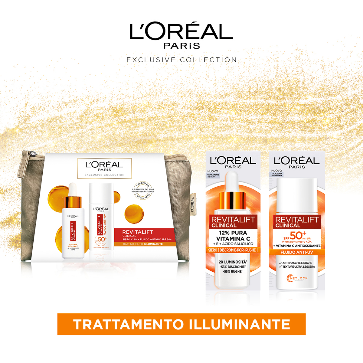 L'Oréal Paris Pochette Revitalift Clinical con Siero Viso+Fluido Anti-UV SPF 50+Routine Illuminante con Vitamina C 30 ml+50 ml-1