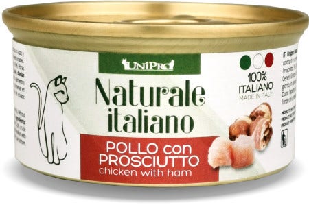 Unipro Naturale Italiano Cibo Umido Pollo Con Prosciutto Per Gatti Adulti Scatoletta 85g-1