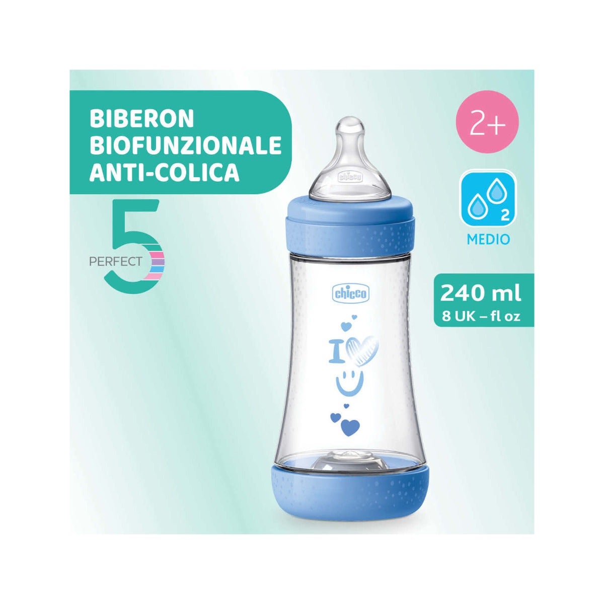 Chicco Biberon Neonato Perfect 5 Biberon Azzurro Flusso Medio 240 ml 2Mesi+-1
