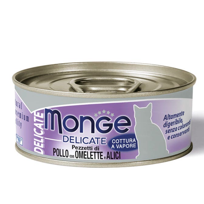 Monge Delicate Pezzetti di Pollo Con Omelette E Acciughine Cibo Umido Per Gatti Adulti 80g-1