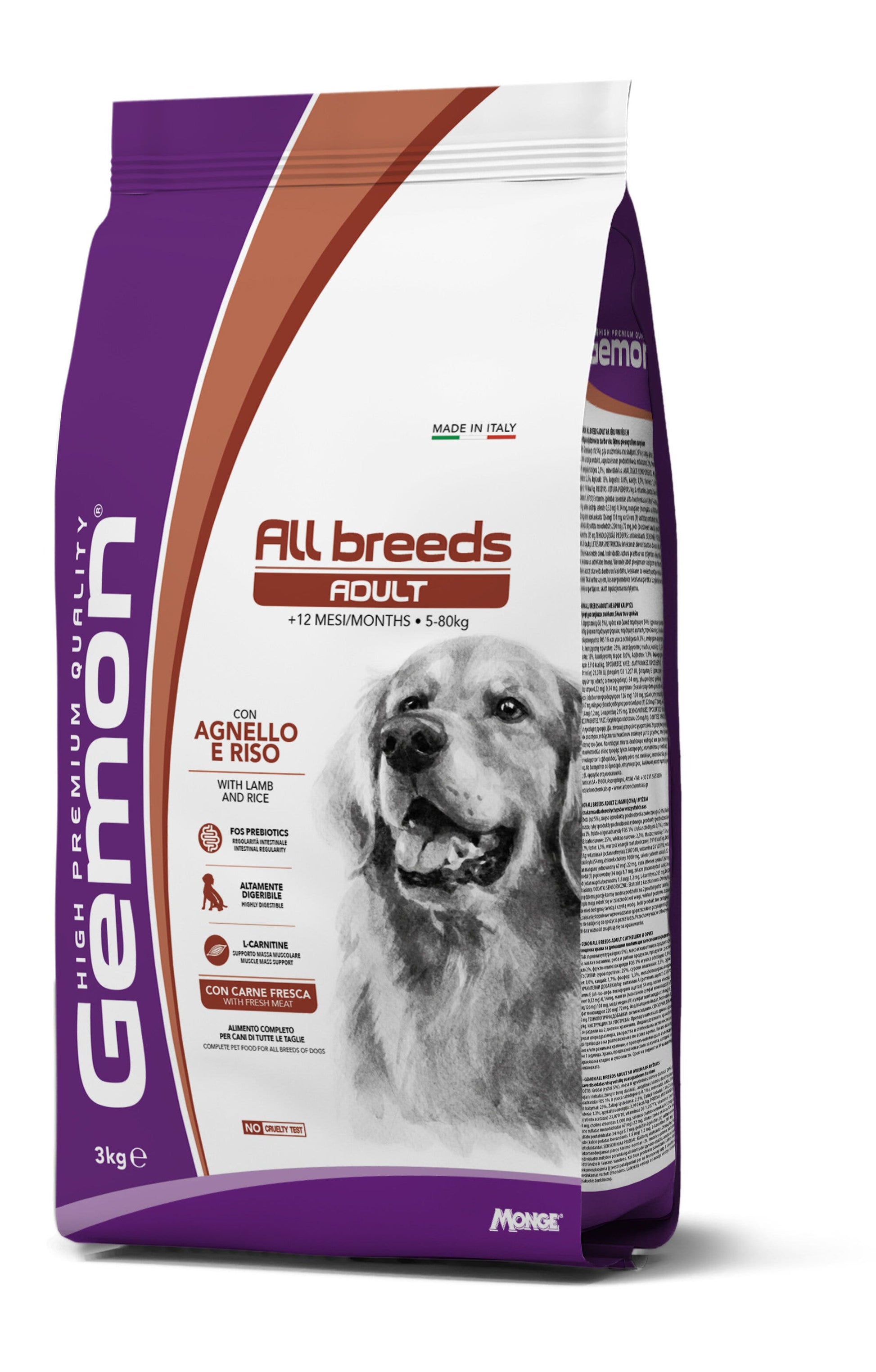 Gemon All Breeds Adult Con Agnello E Riso Cibo Secco Cani Adulti Sacco 3kg-2