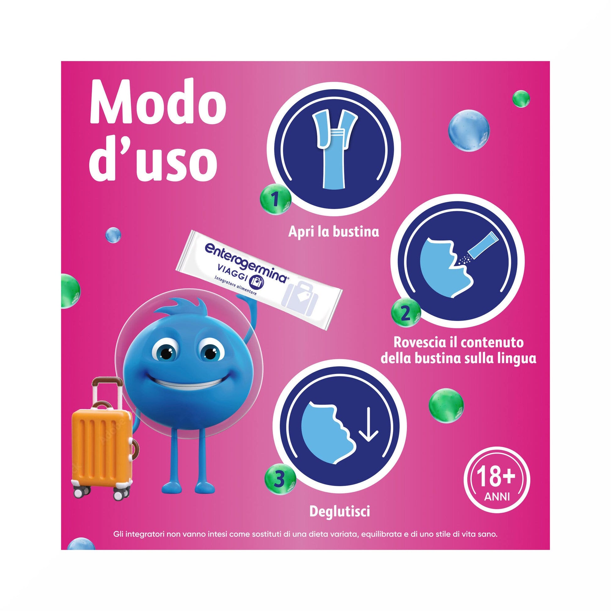 Enterogermina Viaggi, Integratore Alimentare Regolarità Intestinale con Probiotici Vitamina A, B12, B6, B9 e Vitamina D 12 bustine-20