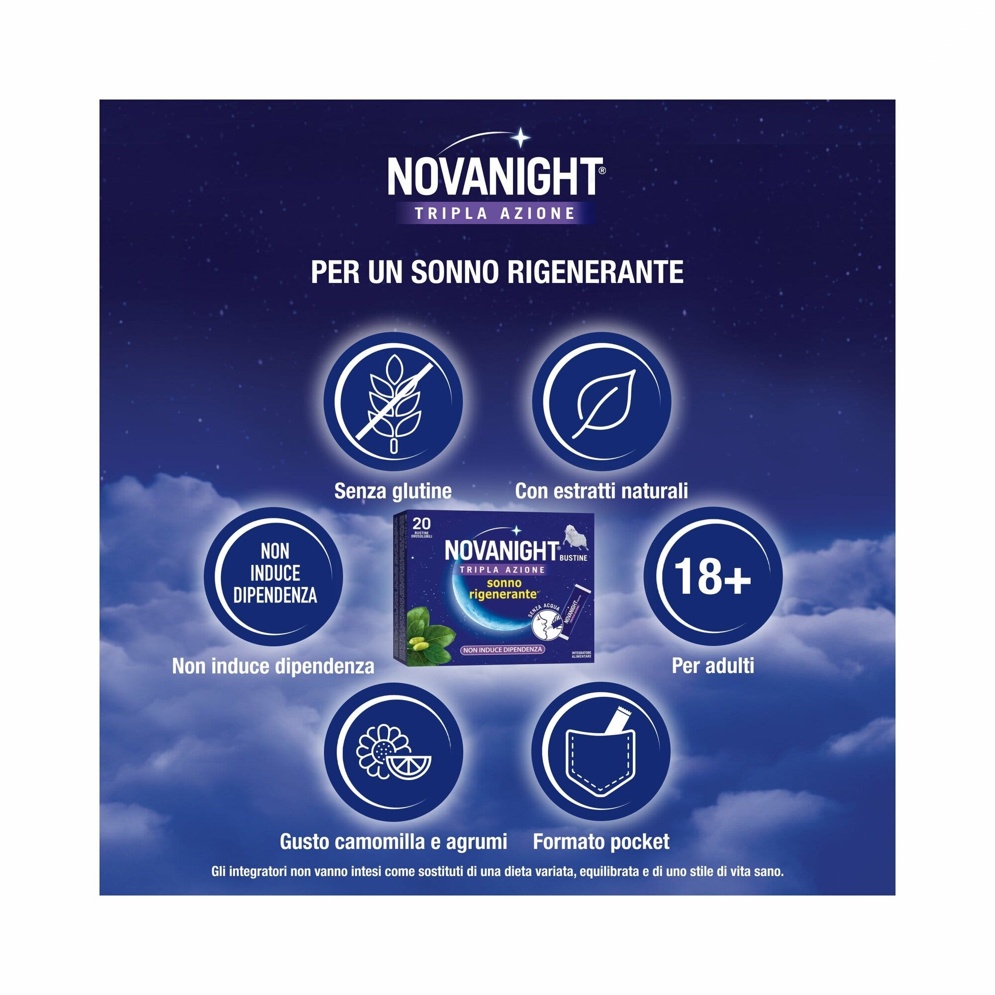 Novanight Tripla Azione con Melatonina per Dormire Magnesio Griffonia 20 Bustine Orosolubili-5