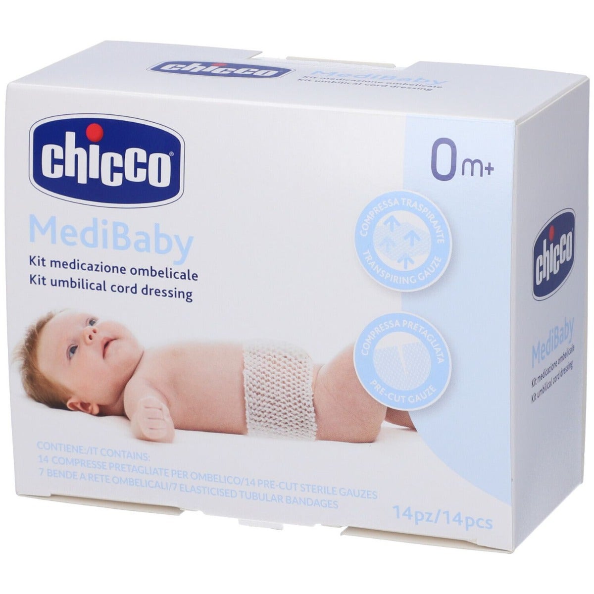 Kit Medicazione Ombelicale Chicco Medibaby 14 Compresse Pretagliate per Ombelico + 7 Bende a Rete Ombelicali-1