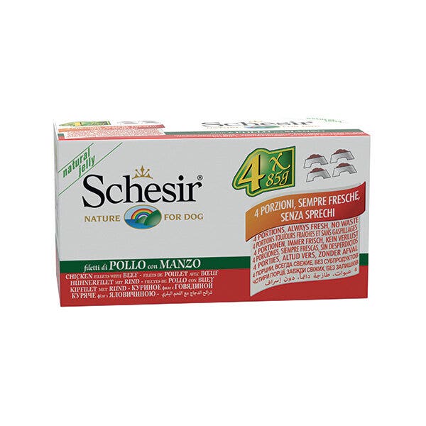 Schesir Multipack Filetti di Pollo Con Manzo Cibo Umido Cani 4x85g-1