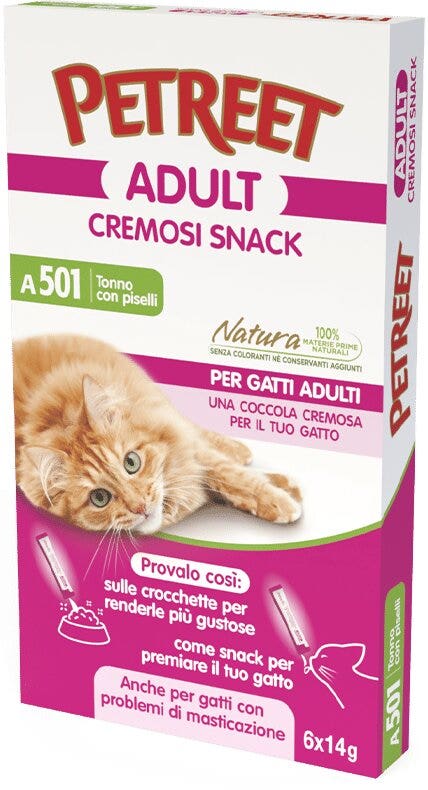 Petreet Adult Cremosi Tonno Pinne Gialle/Piselli Snack Per Gatti Adulti 6x14g-2