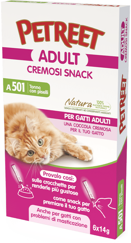 Petreet Adult Cremosi Tonno Pinne Gialle/Piselli Snack Per Gatti Adulti 6x14g-1