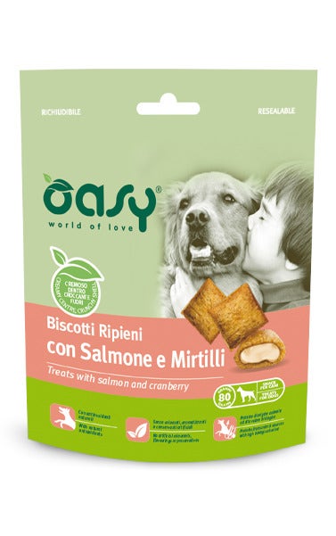 Oasy Snack per Cani Biscotti Ripieni con Salmone e Mirtilli Rossi 80g-1