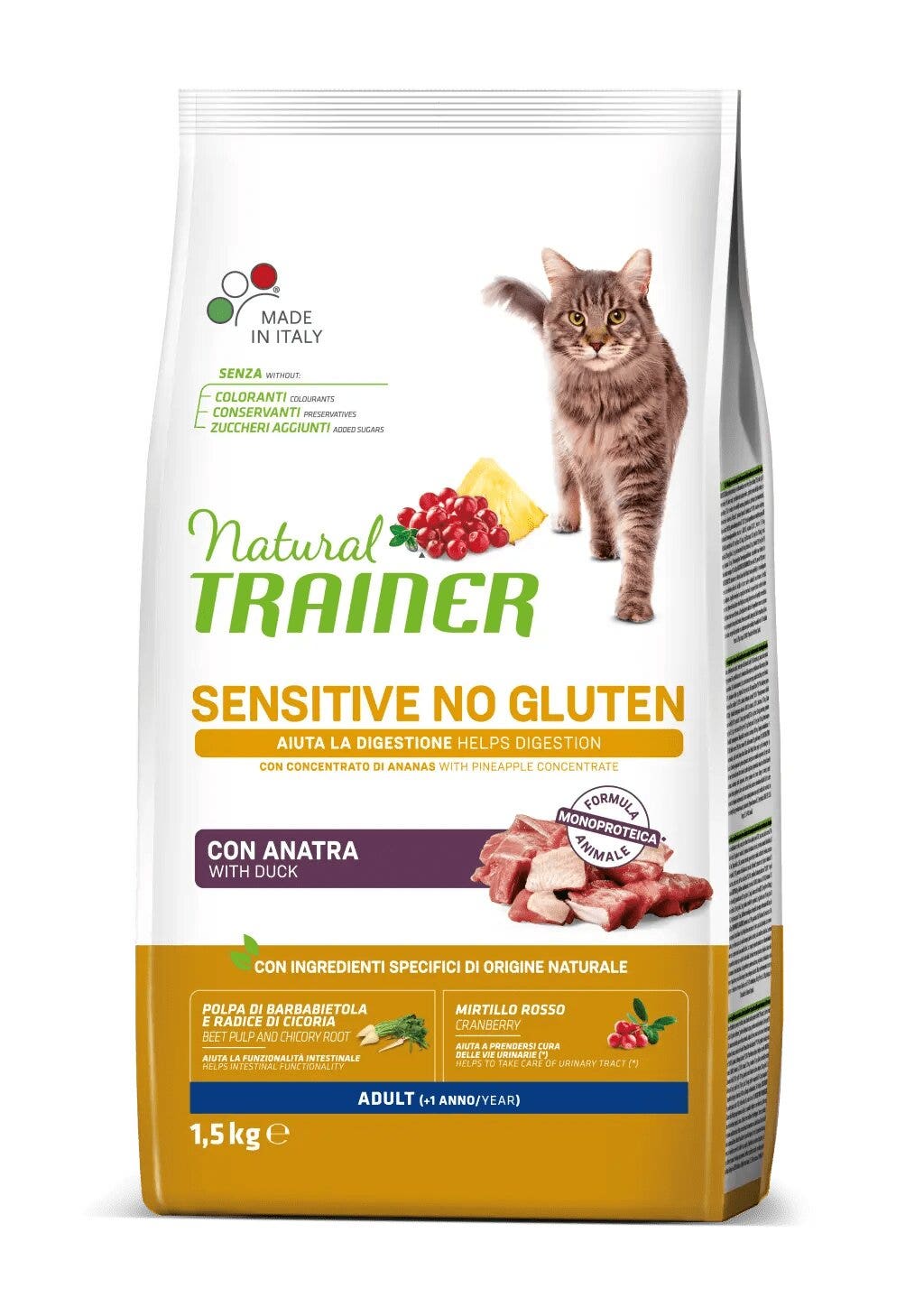 Natural Trainer Sensitive Crocchette Senza Glutine Con Anatra Per Gatto Adulto Sacco 1,5kg-1