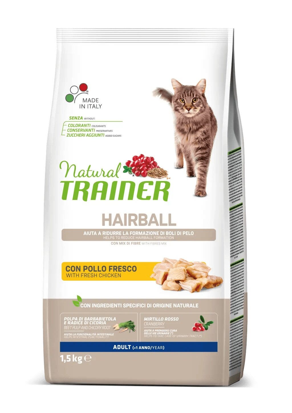 Natural Trainer Hairball Crocchette Con Pollo Per Gatti Adulti Sacco 1,5kg-1