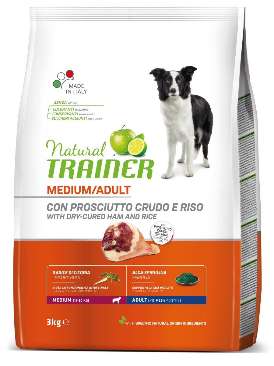 Natural Trainer Crocchette Prosciutto Crudo E Riso Per Cani Adulti Taglia Media Sacco 3kg-1