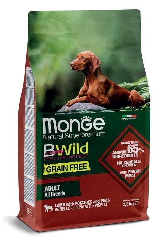 Monge Grain Free All Breeds Adult Cibo Secco Agnello Con Patate E Piselli Per Gatti Adulti Sacco 2,5kg-1